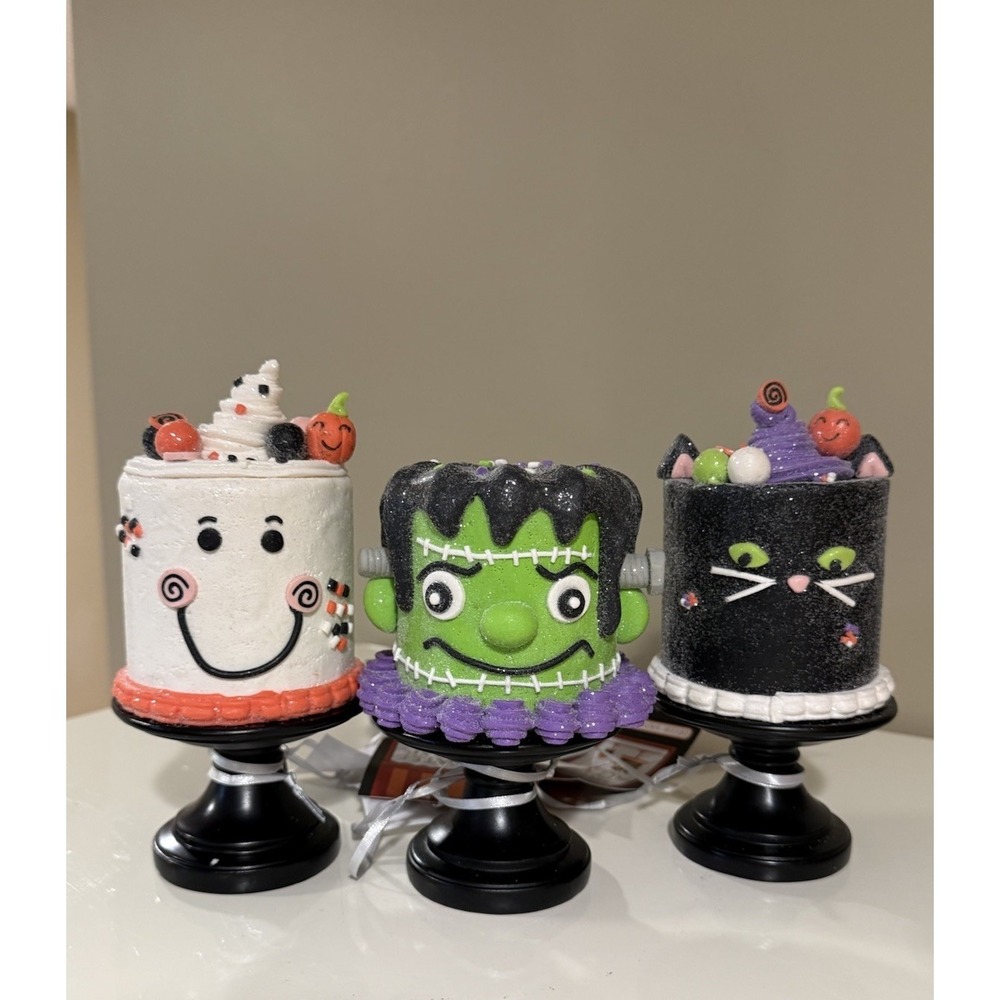 New Candy Corn Lane Mini Candy Cake Trio Set 6" Frankenstein Cat Ghost Halloween
